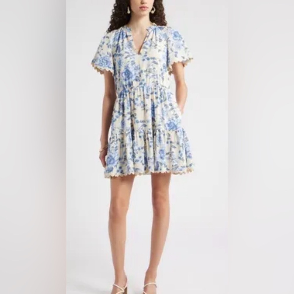 Chelsea28 Blue and Cream Floral Mini Dress Cotton Pockets 1X